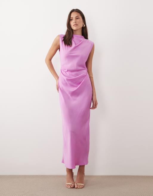 ASOS DESIGN satin high neck pleated bodice midaxi dress in pink lilac | ASOS