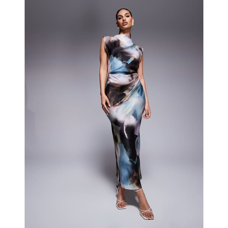 ASOS DESIGN satin high neck pleated bodice midi dress in abstract print |  ASOS