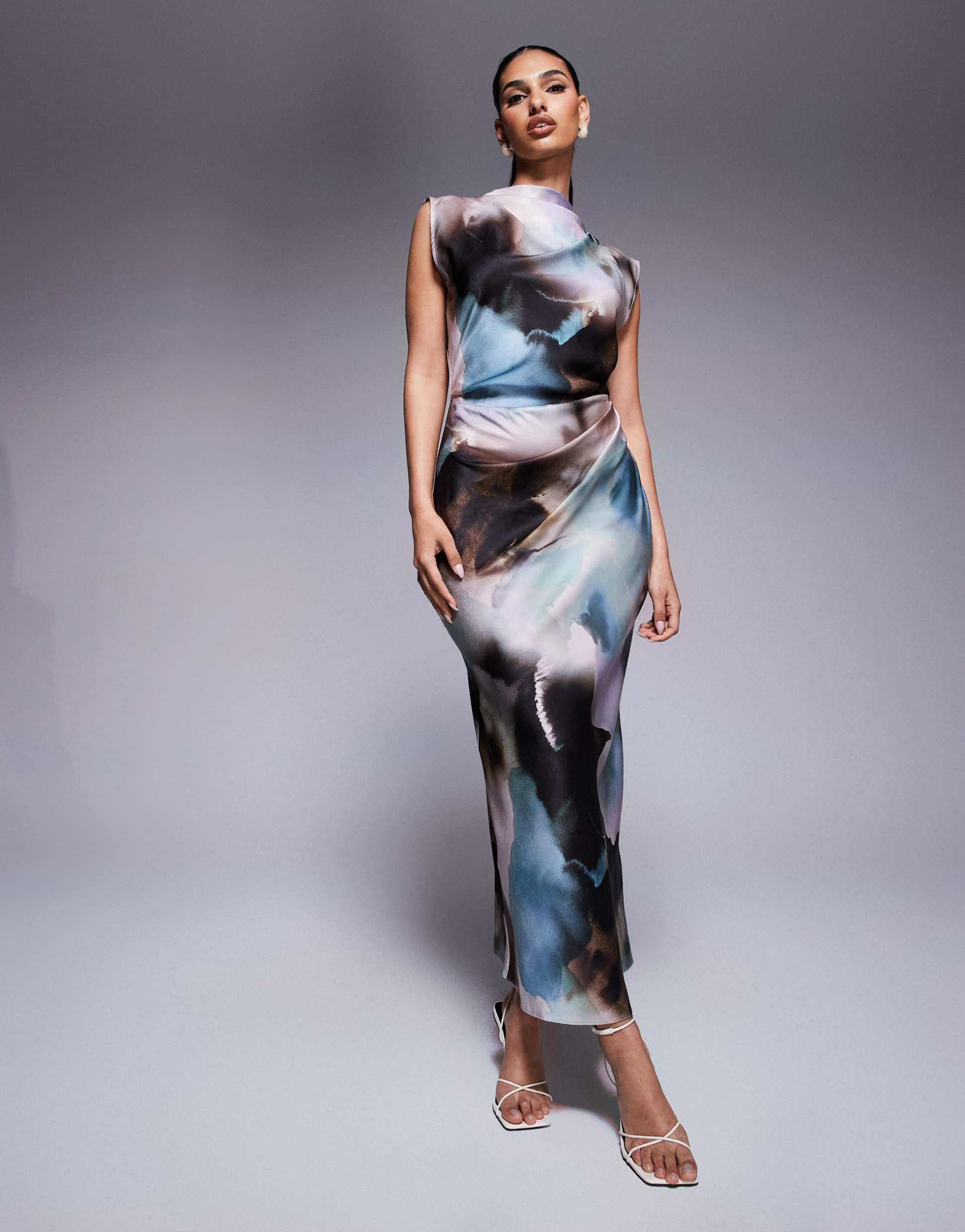 asos design satin high neck pleated bodice midi dress in abstract print