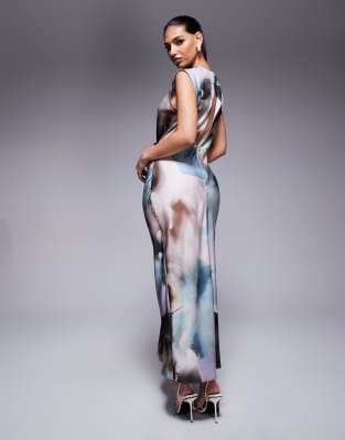 ASOS DESIGN satin high neck pleated bodice midi dress in abstract print |  ASOS