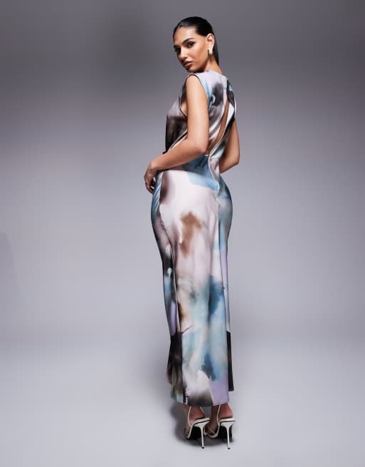ASOS DESIGN satin high neck pleated bodice midi dress in abstract print