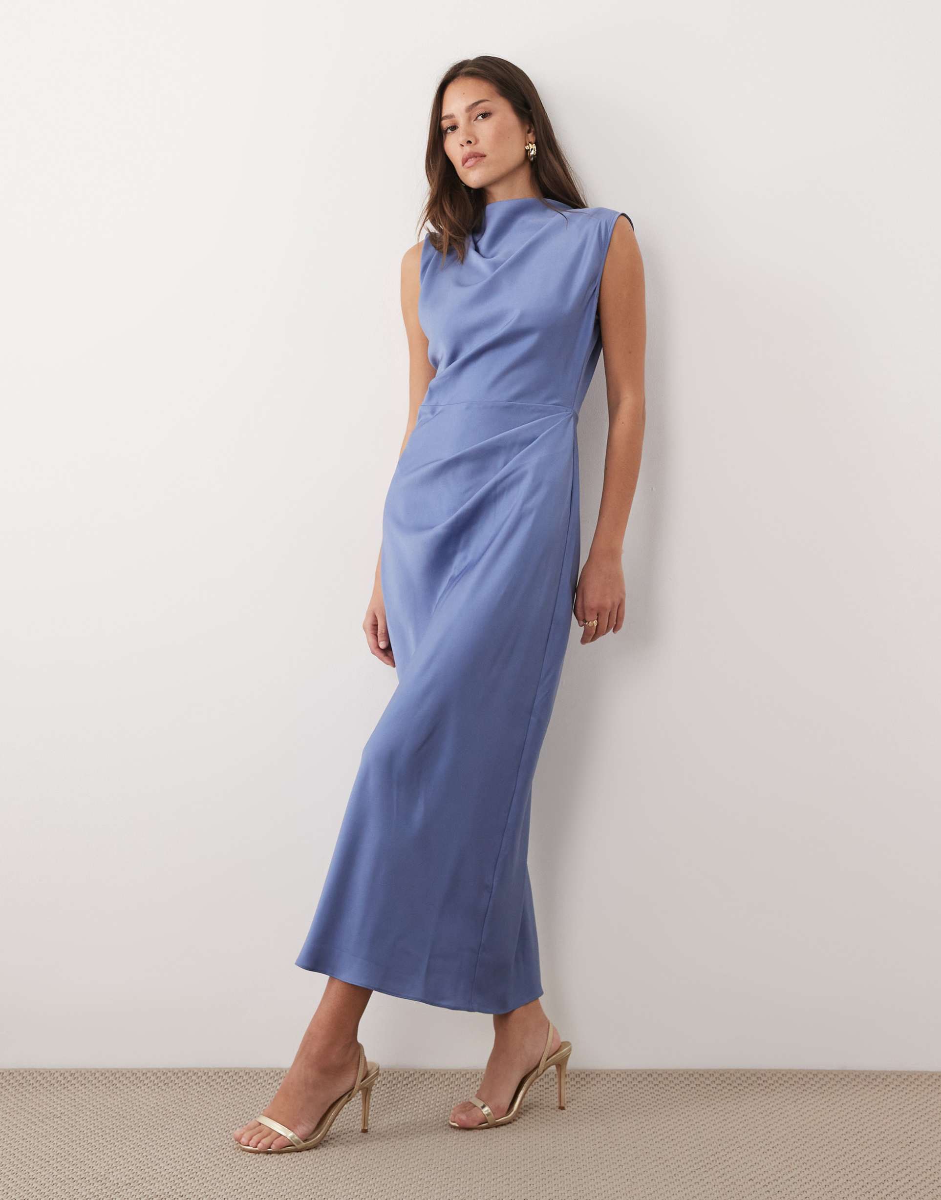 asos design satin high neck pleated bodice midi dress in blue