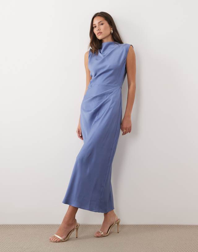 blue satin dress midi ASOS Design - High Neck Pleated Bodice - Women - Polyester - 12 US Black Birthday Dresses | Web Collection: Prints Pattern format:PAPER Fit Model is 5’7