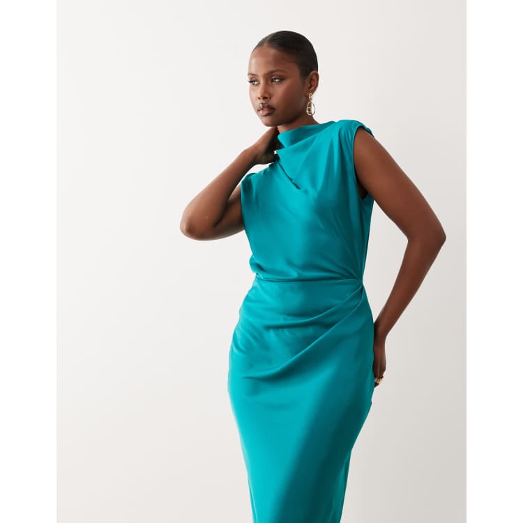 ASOS DESIGN satin high neck pleated bodice midi dress in bright teal | ASOS