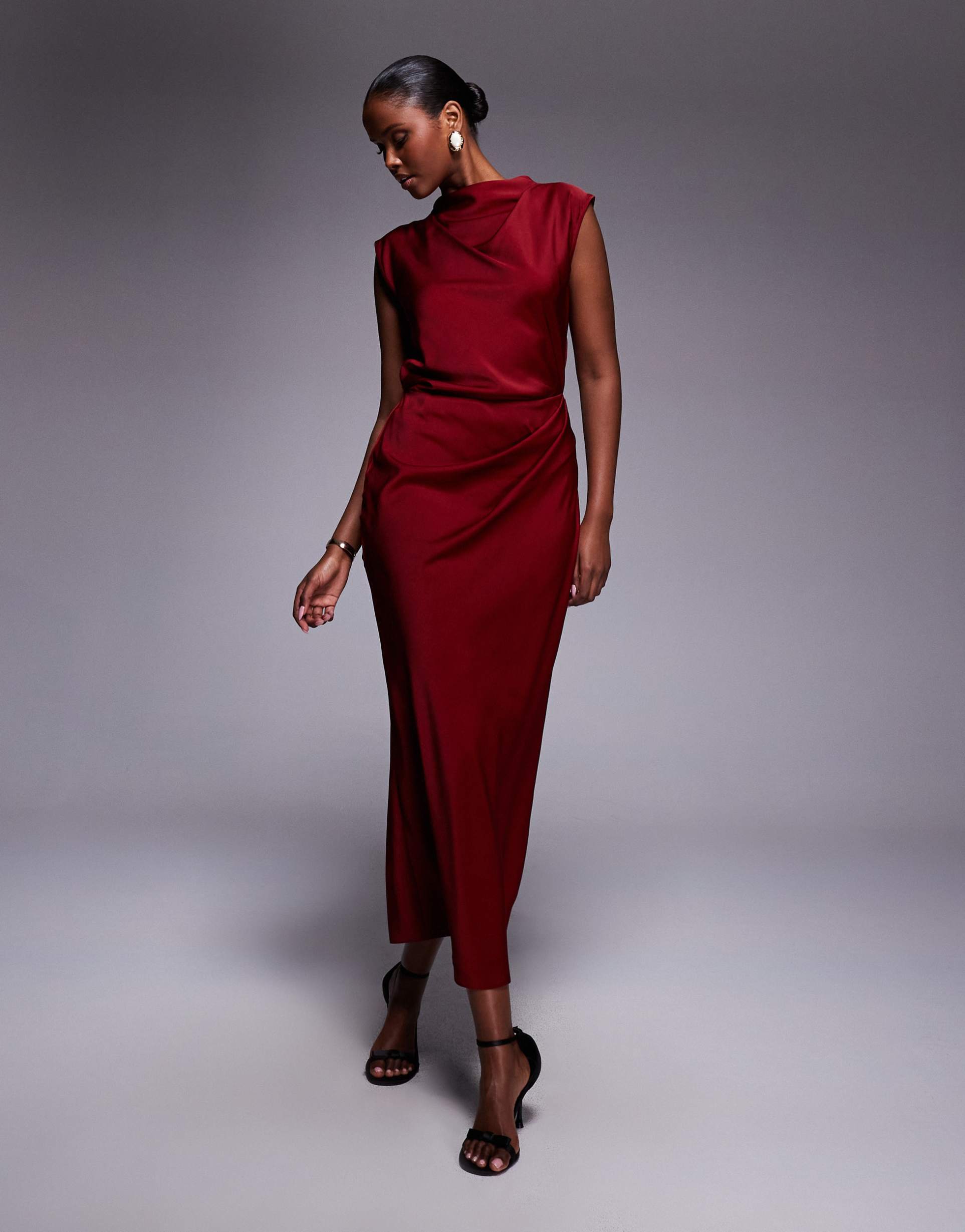 asos design satin high neck pleated bodice midi dress in burgundy