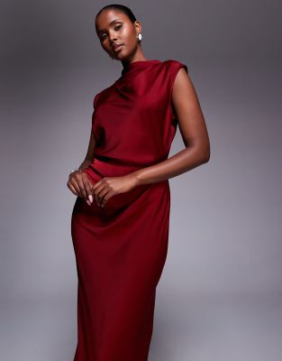 Asos Design Satin High Neck Pleated Bodice Midi Dress In Red