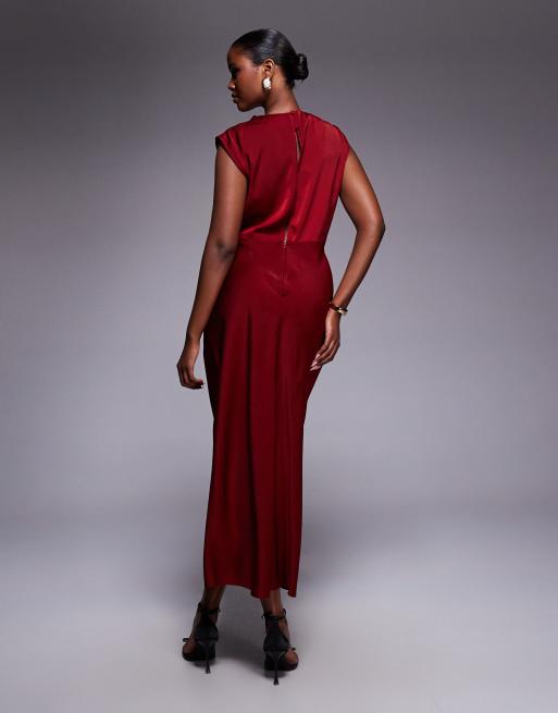 ASOS DESIGN satin high neck pleated bodice midi dress in burgundy