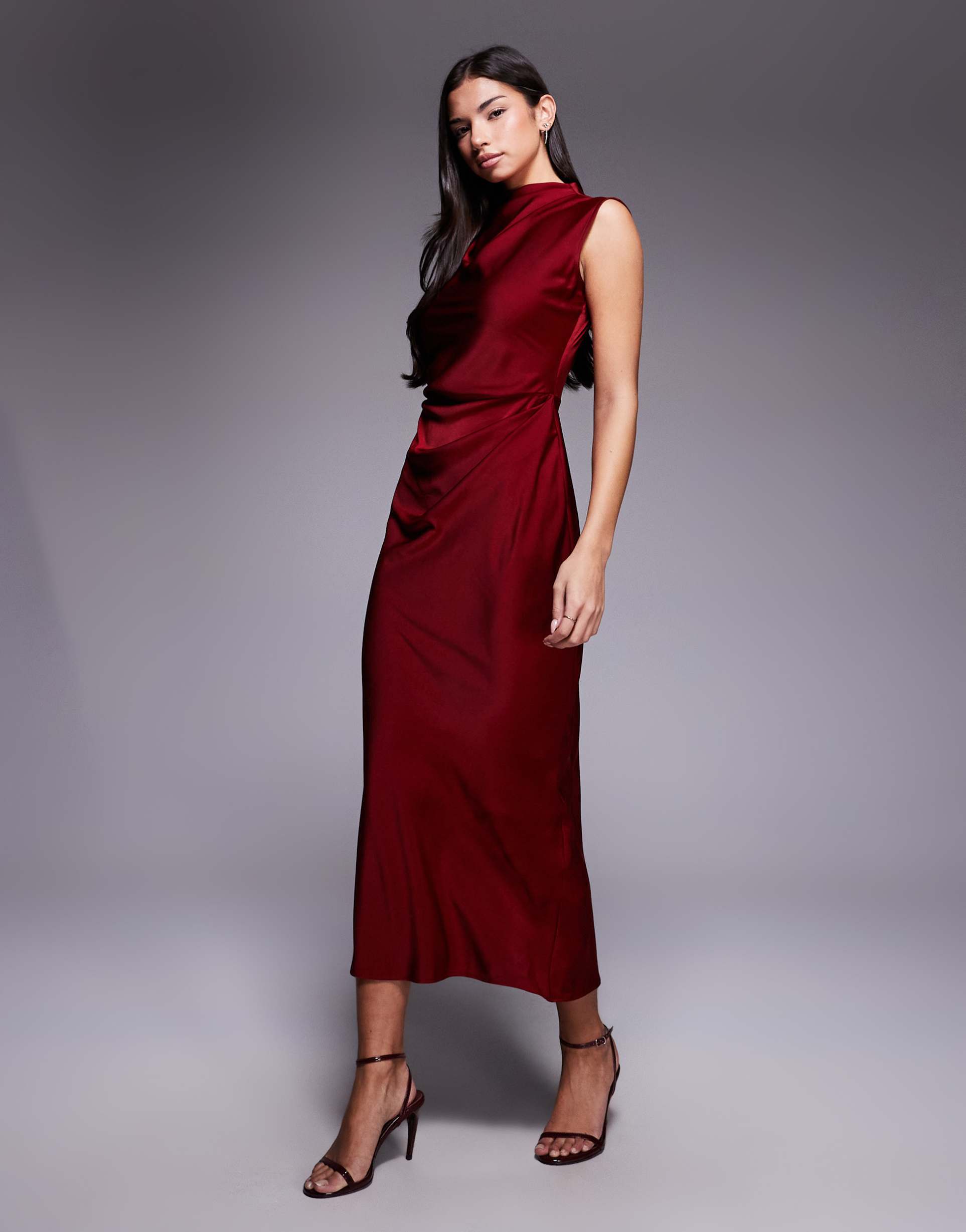 asos design satin high neck pleated bodice midi dress in burgundy