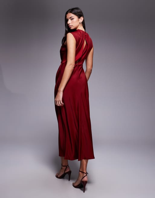ASOS DESIGN satin high neck pleated bodice midi dress in burgundy, 3 of 4