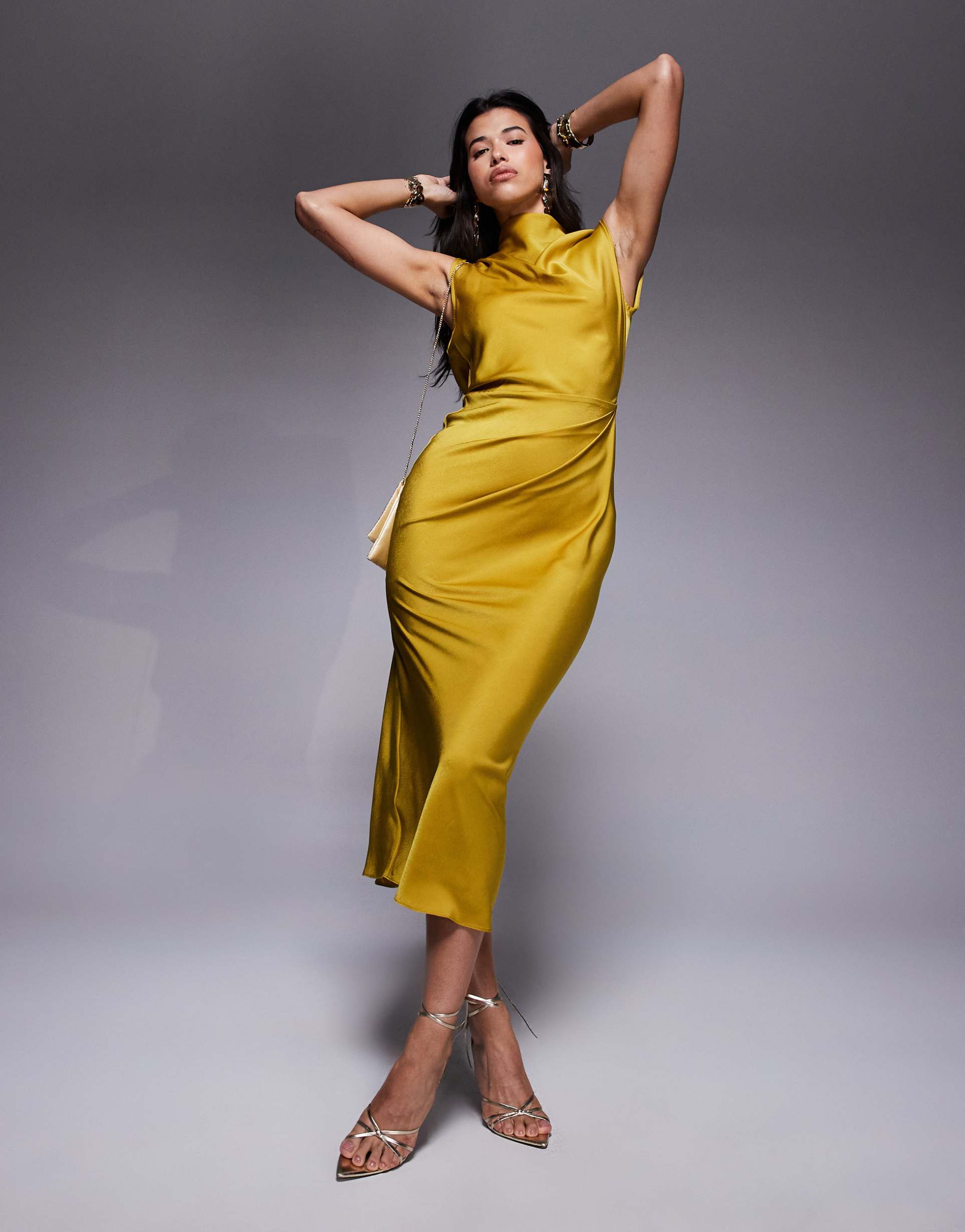 asos design satin high neck pleated bodice midi dress in chartreuse