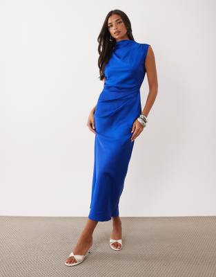 Asos Design Satin High Neck Pleated Bodice Midi Dress In Blue