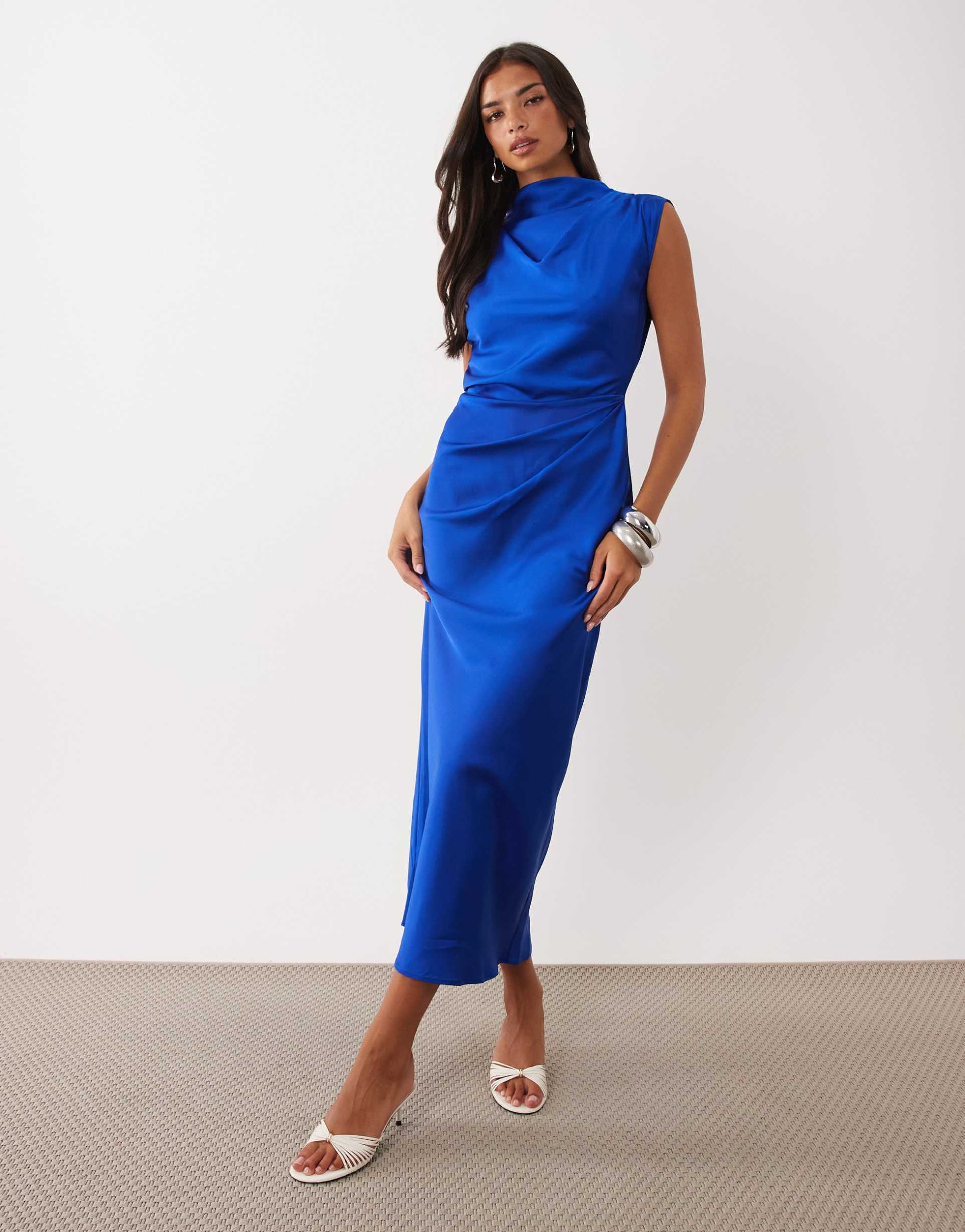 asos design satin high neck pleated bodice midi dress in cobalt blue