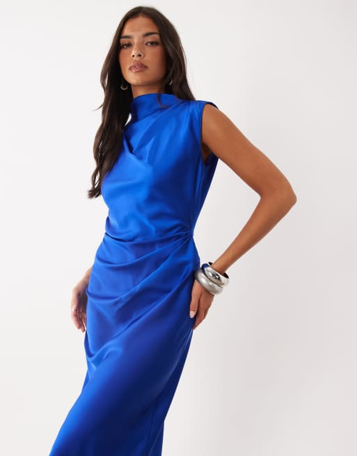ASOS DESIGN satin high neck pleated bodice midi dress in cobalt blue, 2 of 4