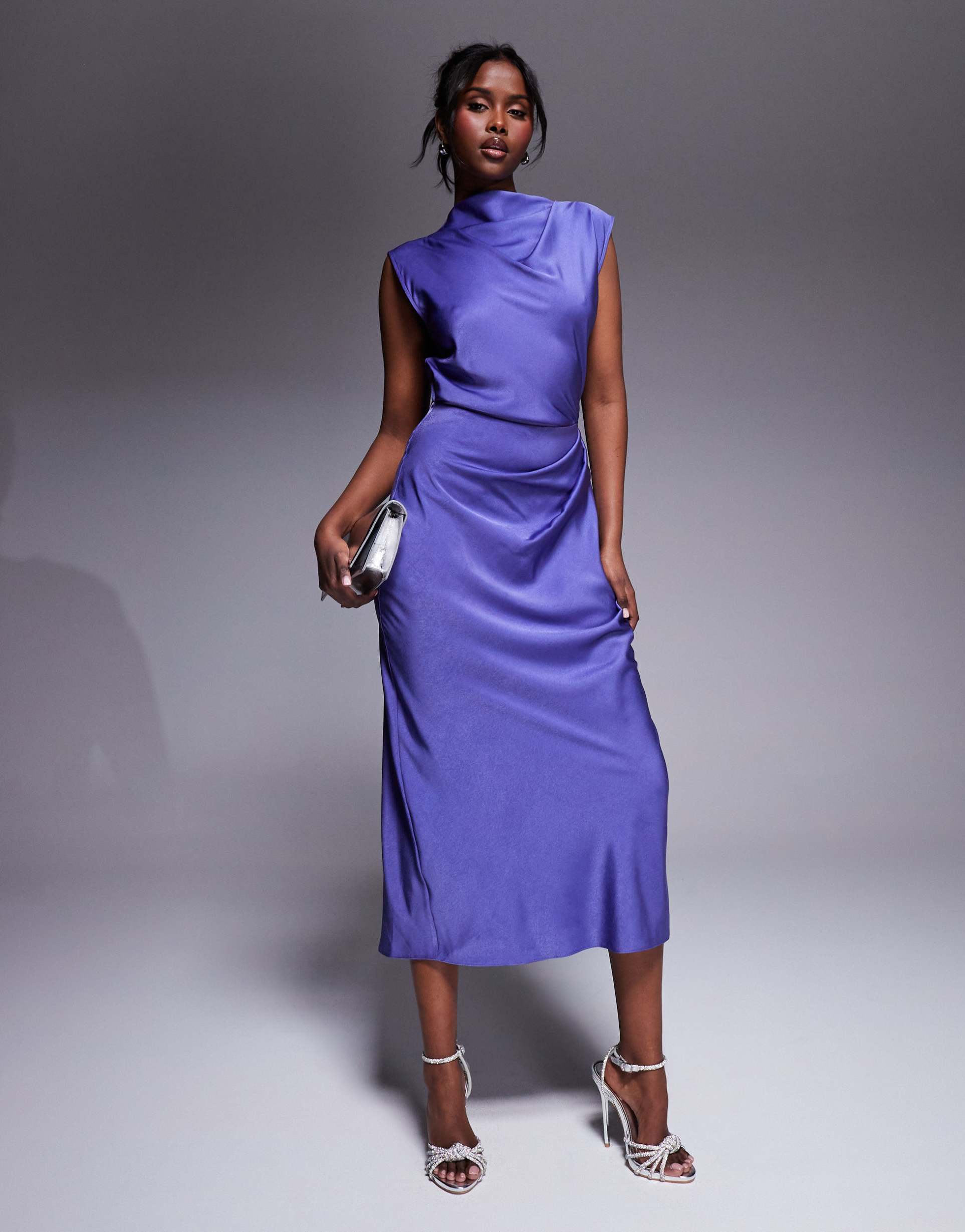 asos design satin high neck pleated bodice midi dress in cornflower blue