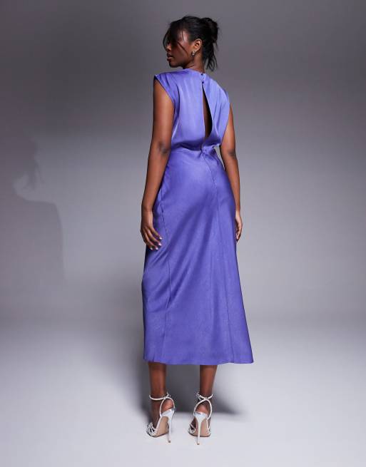ASOS DESIGN satin high neck pleated bodice midi dress in cornflower blue