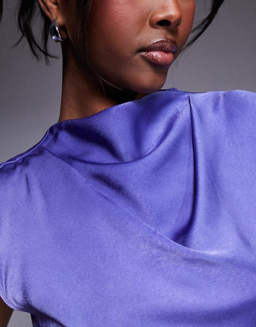 ASOS DESIGN satin high neck pleated bodice midi dress in cornflower blue