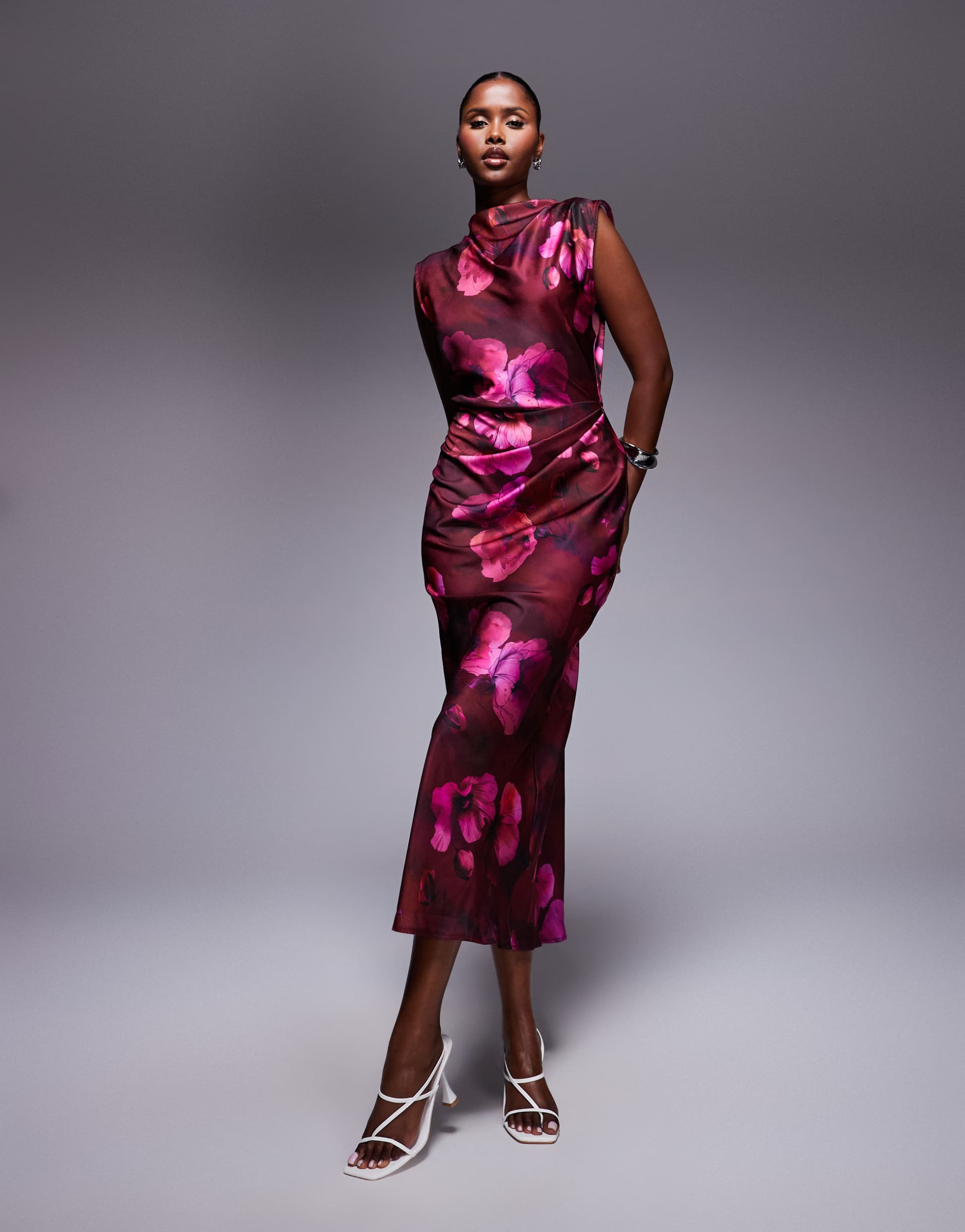 asos design satin high neck pleated bodice midi dress in dark pink floral print