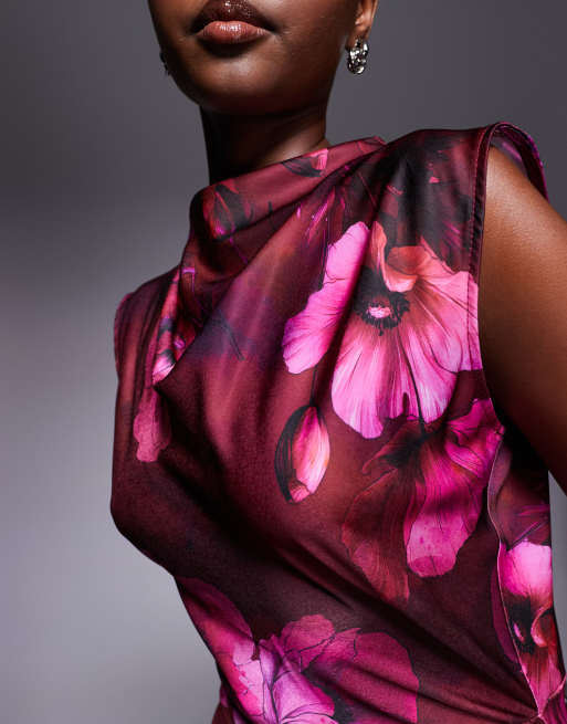 ASOS DESIGN satin high neck pleated bodice midi dress in dark pink floral print