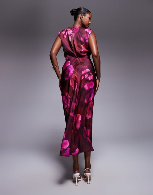 ASOS DESIGN satin high neck pleated bodice midi dress in dark pink floral print