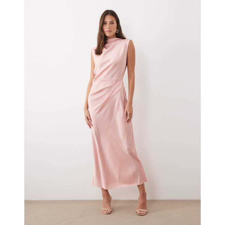 Cowl Neck Dusty Rose Maxi Dress Casual ASOS DESIGN Satin High Neck Pleated  Bodice Midi Dress In Dusty