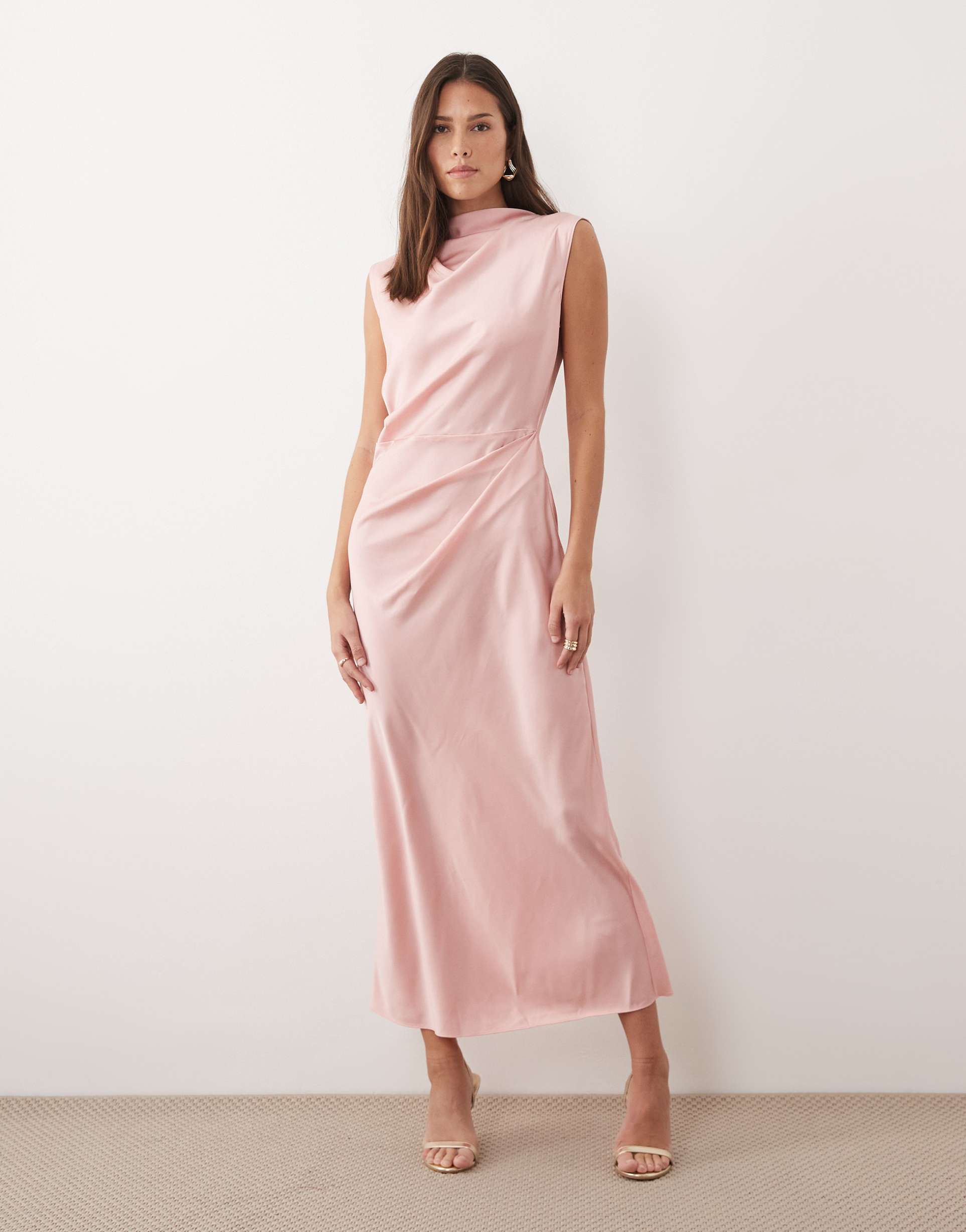 asos design satin high neck pleated bodice midi dress in dusty rose