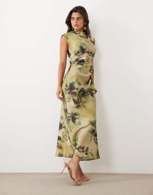 Asos Design Satin High Neck Pleated Bodice Midi Dress In Multi