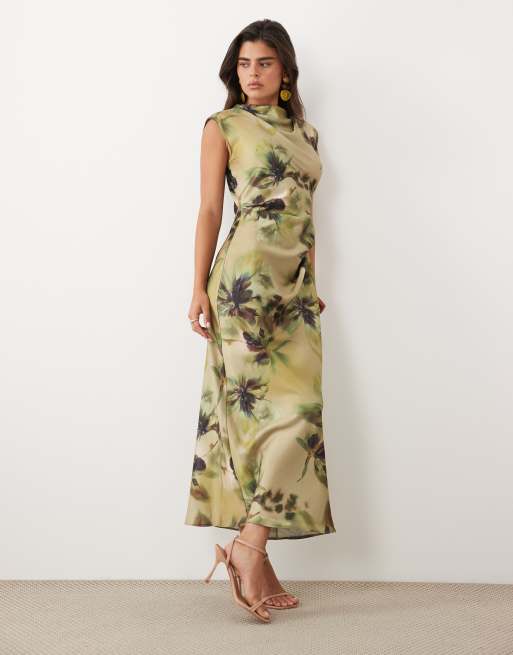 floral satin midi dress Astra Strapless US 2 skimming silhouette Celeste Satin Midi Dress -