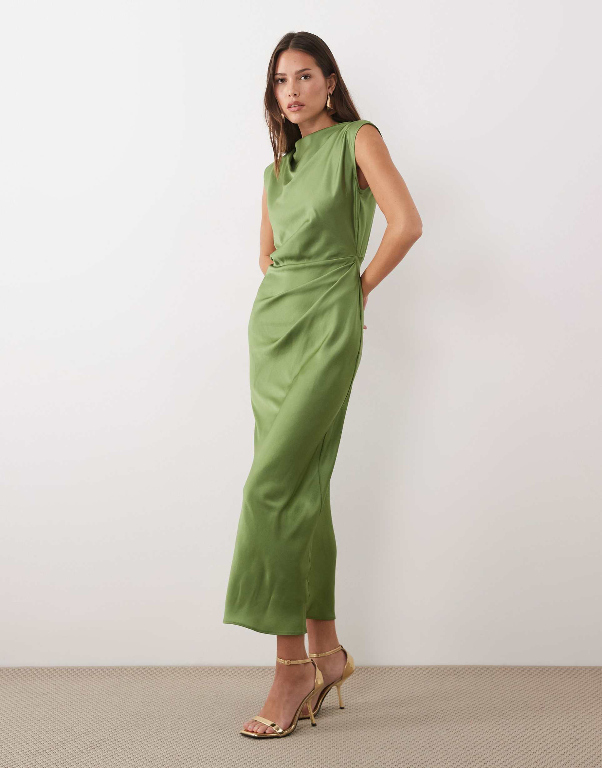 asos design satin high neck pleated bodice midi dress in green