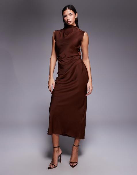 ASOS DESIGN satin high neck pleated bodice midi dress in light brown