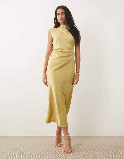 ASOS DESIGN satin high neck pleated bodice midi dress in light green - view 1