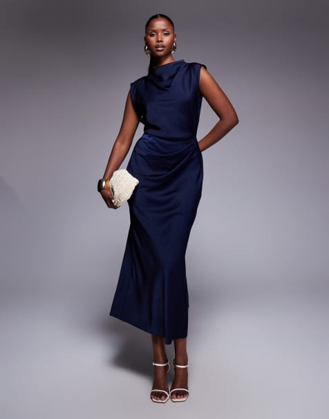 ASOS DESIGN satin high neck pleated bodice midi dress in navy - view 1