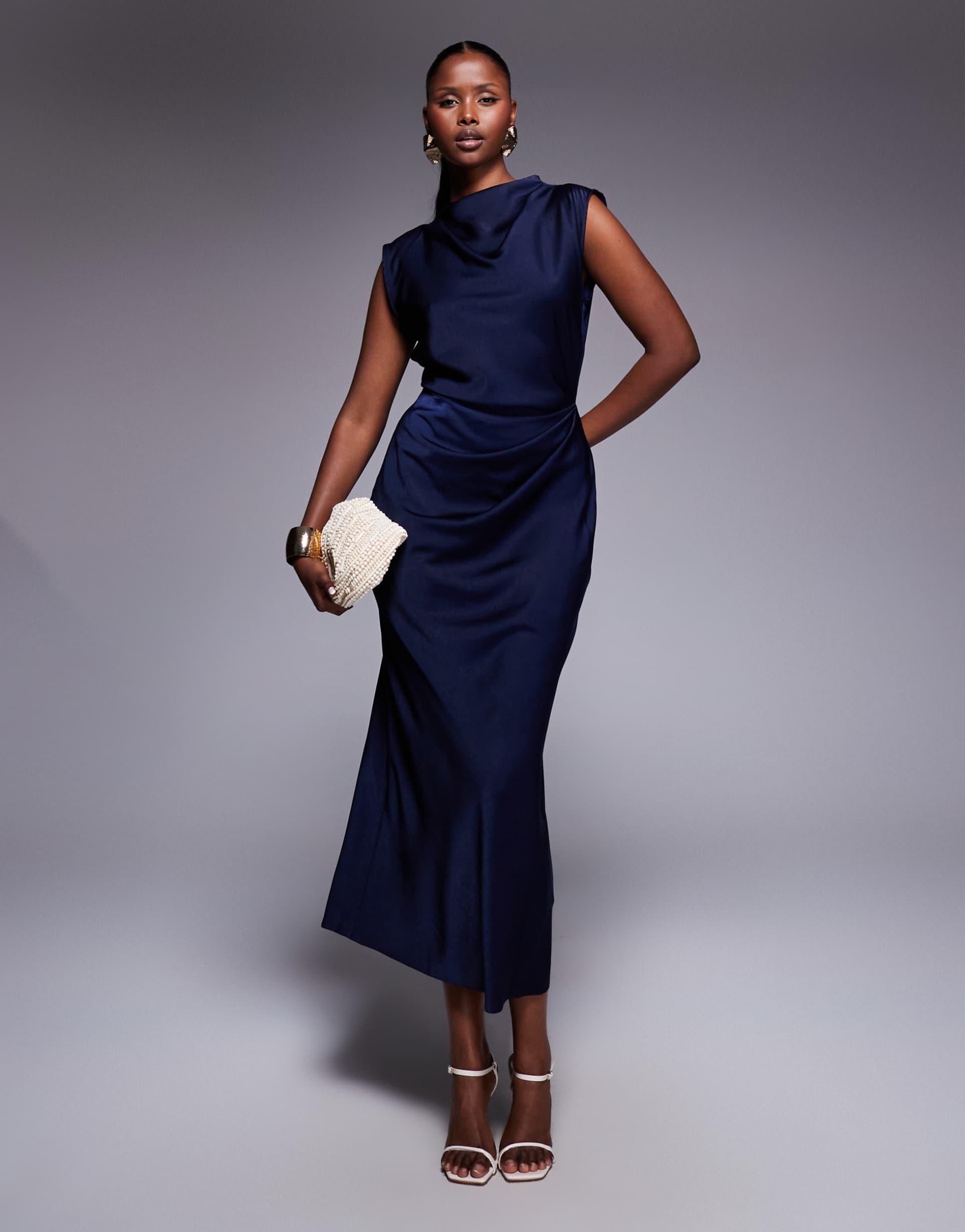 asos design satin high neck pleated bodice midi dress in navy