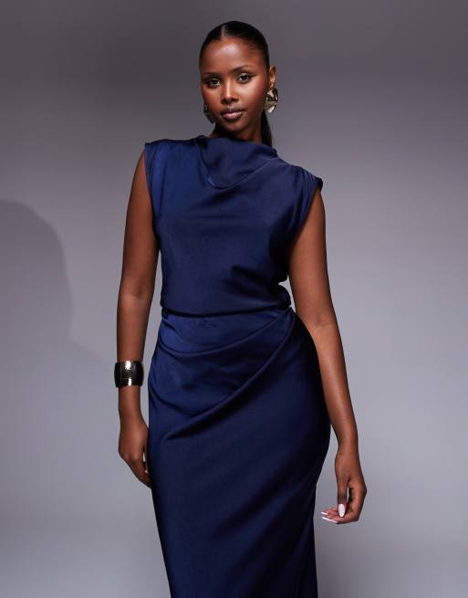 ASOS DESIGN satin high neck pleated bodice midi dress in navy