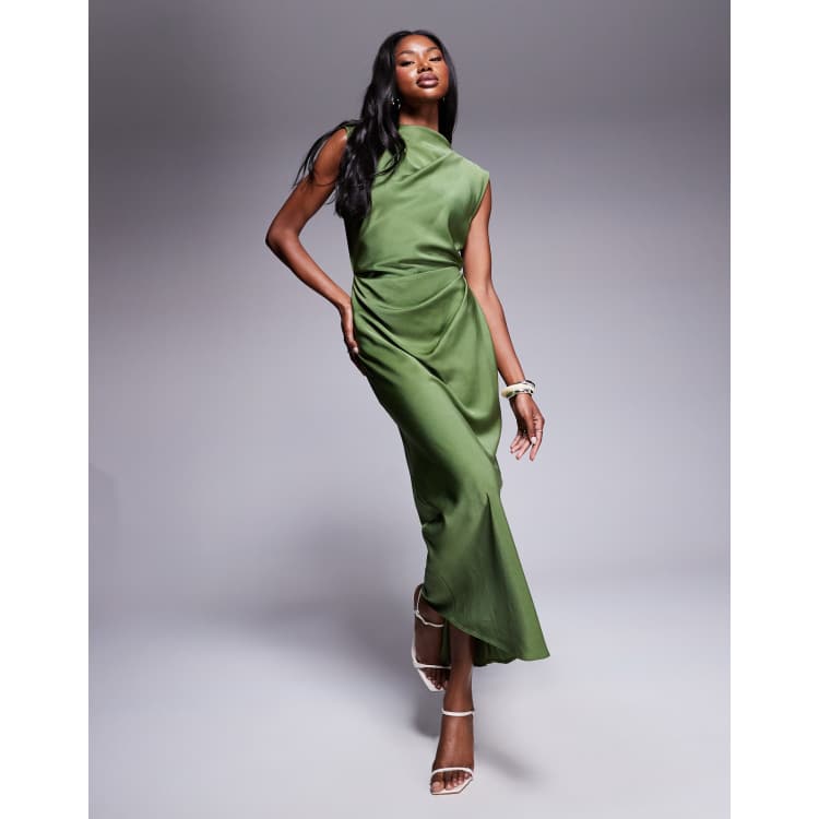 ASOS DESIGN satin high neck pleated bodice midi dress in olive green | ASOS