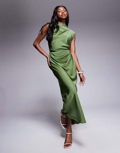 ASOS DESIGN satin high neck pleated bodice midi dress in olive green