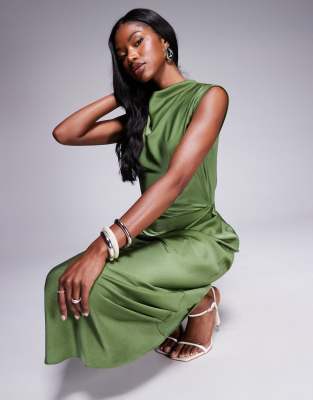 ASOS DESIGN SATIN HIGH NECK PLEATED BODICE MIDI DRESS 