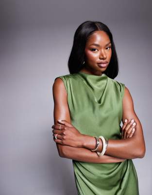 ASOS DESIGN satin high neck pleated bodice midi dress in olive green