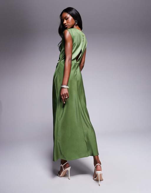 ASOS DESIGN satin high neck pleated bodice midi dress in olive green