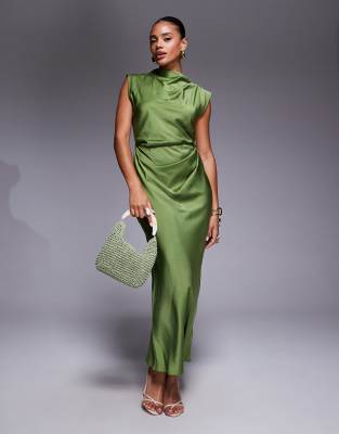 ASOS DESIGN satin high neck pleated bodice midi dress in olive green