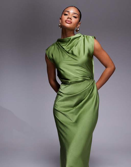 ASOS DESIGN satin high neck pleated bodice midi dress in olive