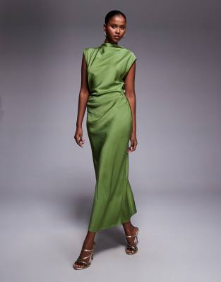 Asos Design Satin High Neck Pleated Bodice Midi Dress In Green