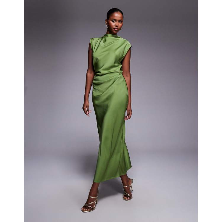 green satin dress asos ASOS DESIGN cap sleeve seam detail satin maxi slip dress in green