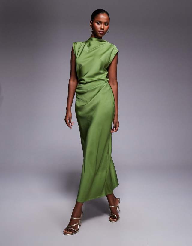 green silk pleated dress ASOS DESIGN satin high neck bodice midi in olive abercrombie pleated dress