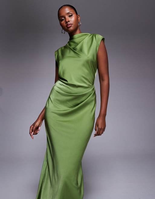 ASOS DESIGN satin high neck pleated bodice midi dress in olive green, 3 of 4