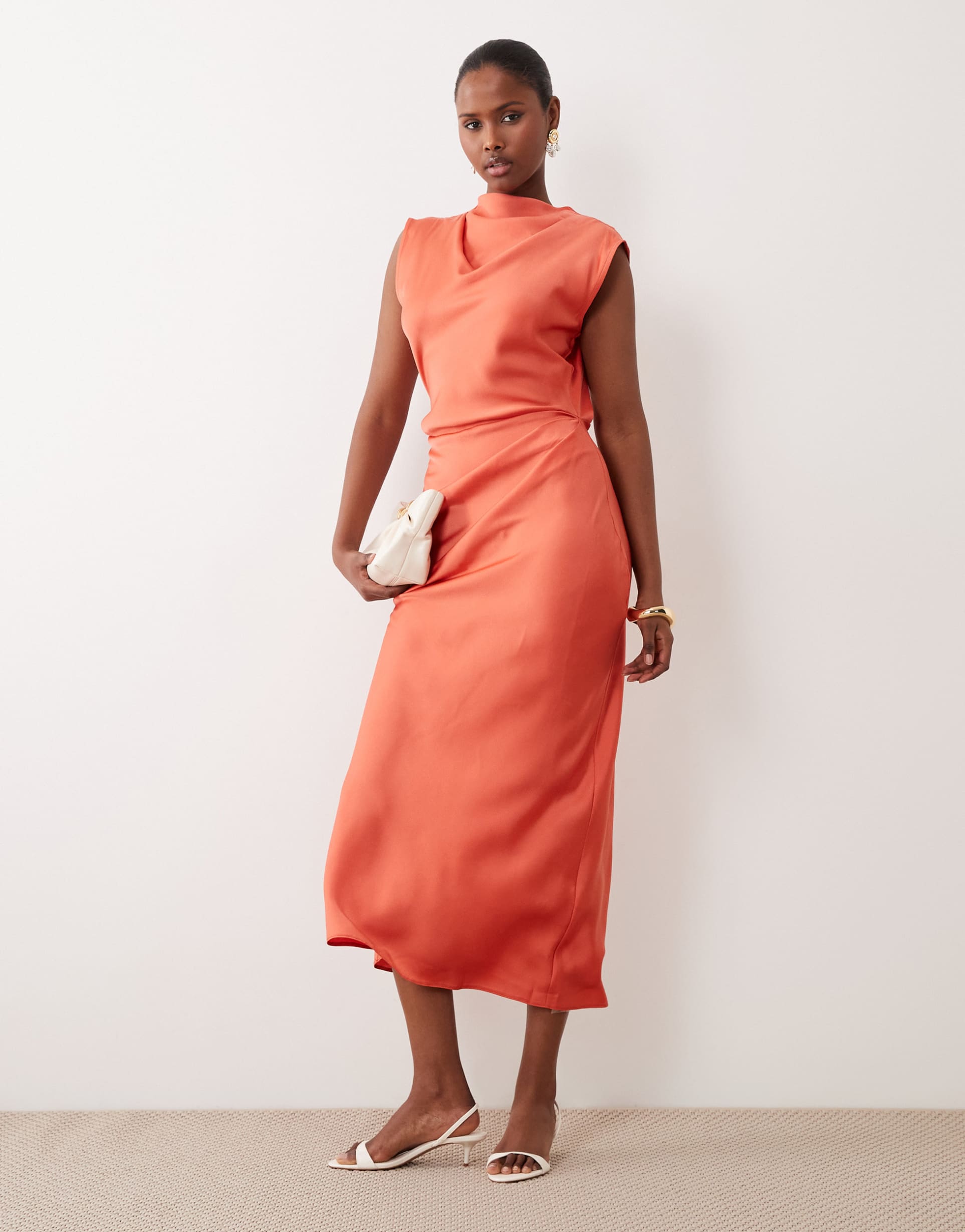 asos design satin high neck pleated bodice midi dress in peach