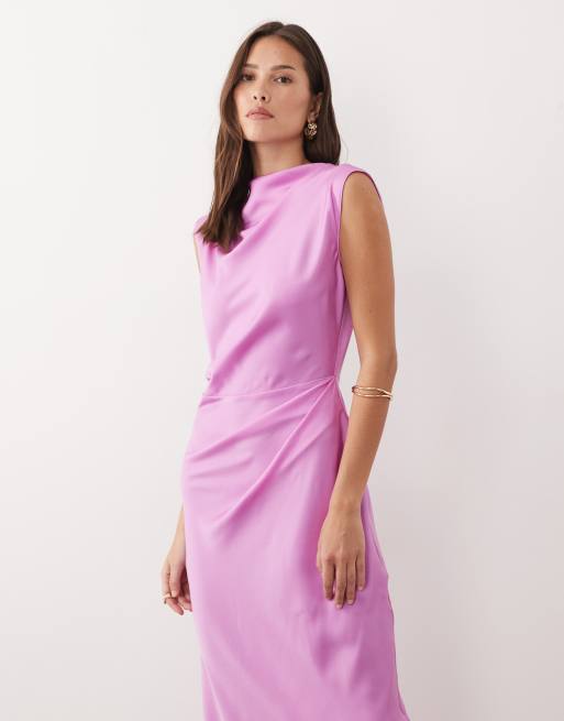 ASOS DESIGN satin high neck pleated bodice midi dress in pink lilac, 2 of 4