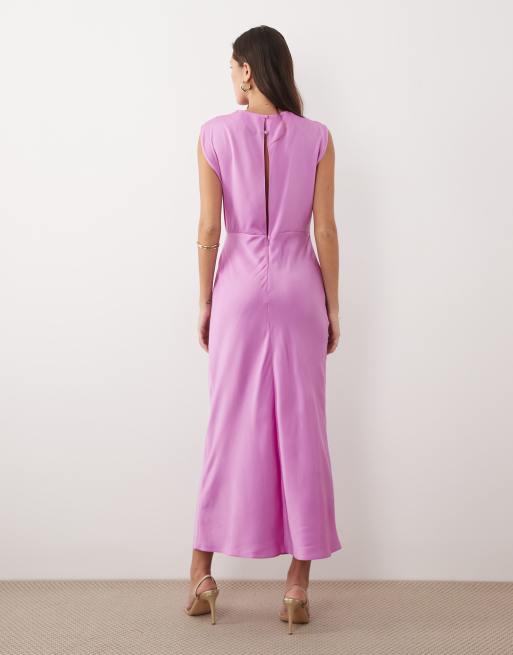 ASOS DESIGN satin high neck pleated bodice midi dress in pink lilac, 3 of 4
