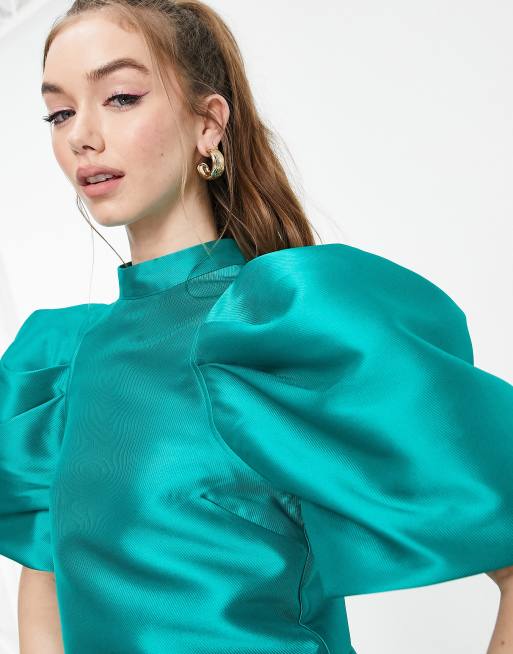 Green satin puff online sleeve top