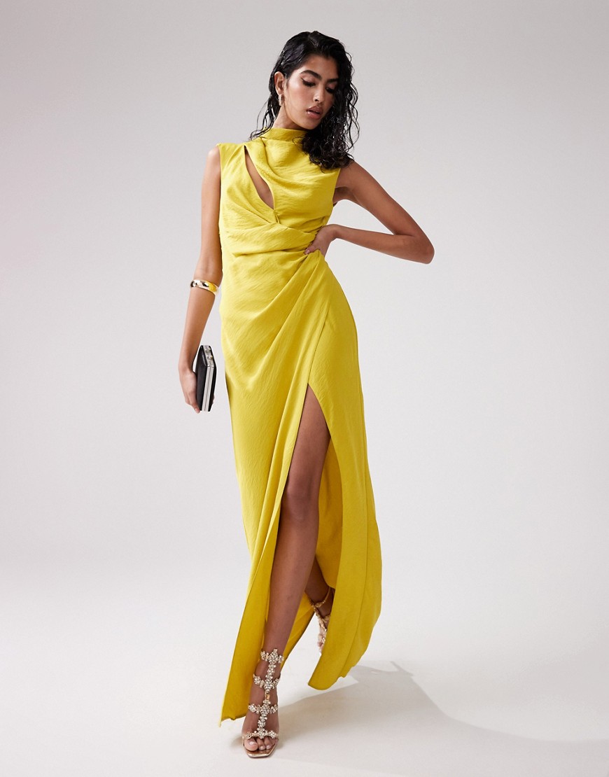 ASOS DESIGN satin high neck ruched maxi dress with slash neck detail in chartreuse-Green