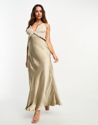 ASOS DESIGN satin high shine cami frill midaxi dress with linen bust detail in stone - ASOS Price Checker